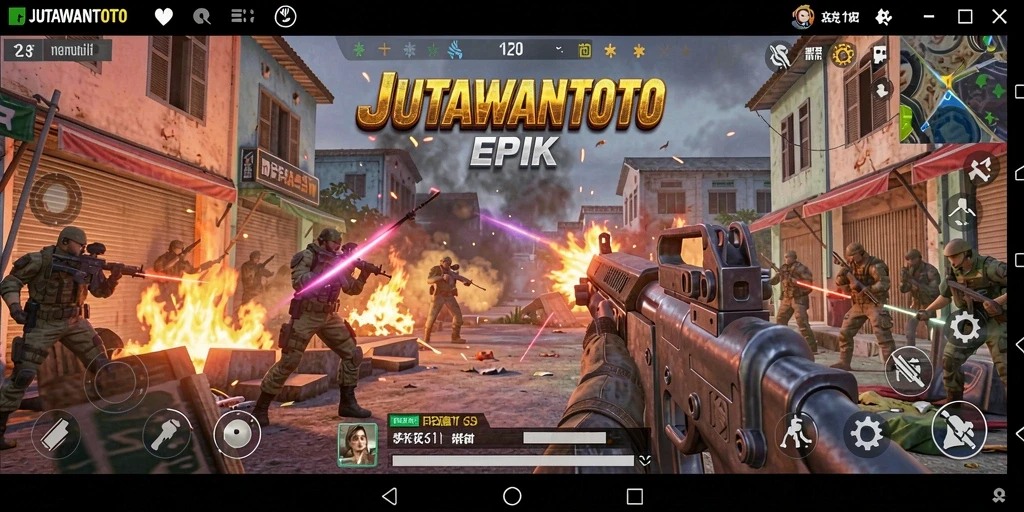 Gameplay menegangkan dalam JUTAWANTOTO dengan aksi tembak-menembak.