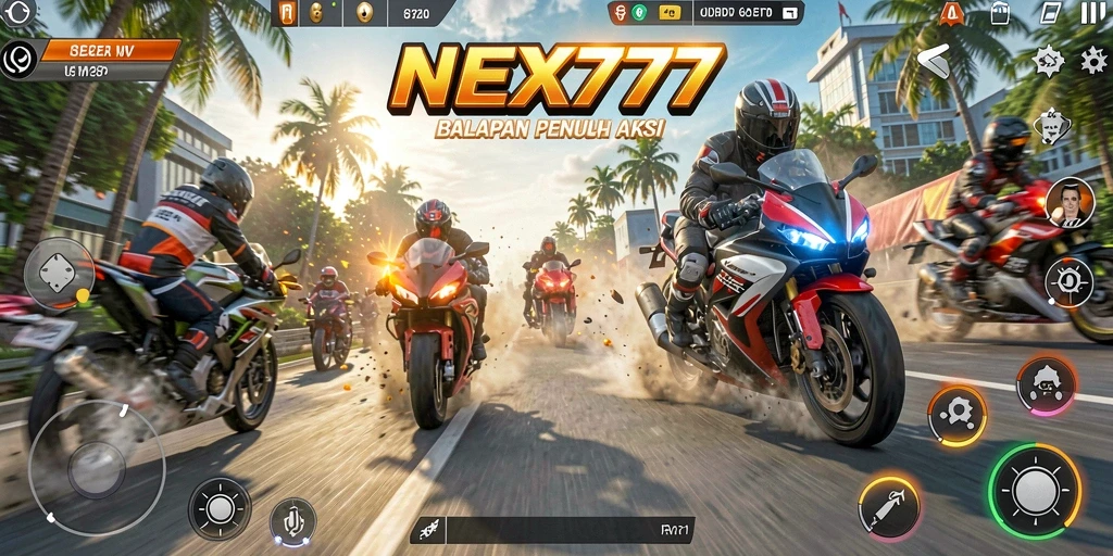 Screenshot gameplay NEX777 menampilkan kecepatan balapan motor yang intens.