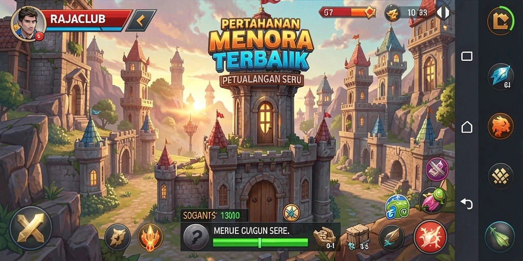 Tangkapan layar utama RAJACLUB menampilkan pertempuran Tower Defense yang mendebarkan.