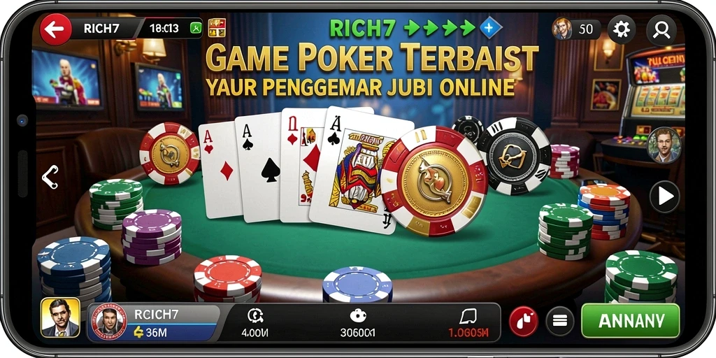 Screenshot gameplay RICH7 menunjukkan suasana permainan Poker yang mendebarkan.