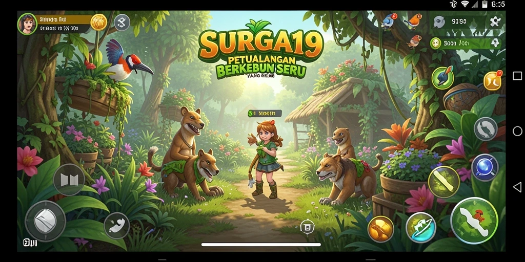 Tampilan gameplay SURGA19 yang menampilkan kebun indah dan aktivitas bertani.